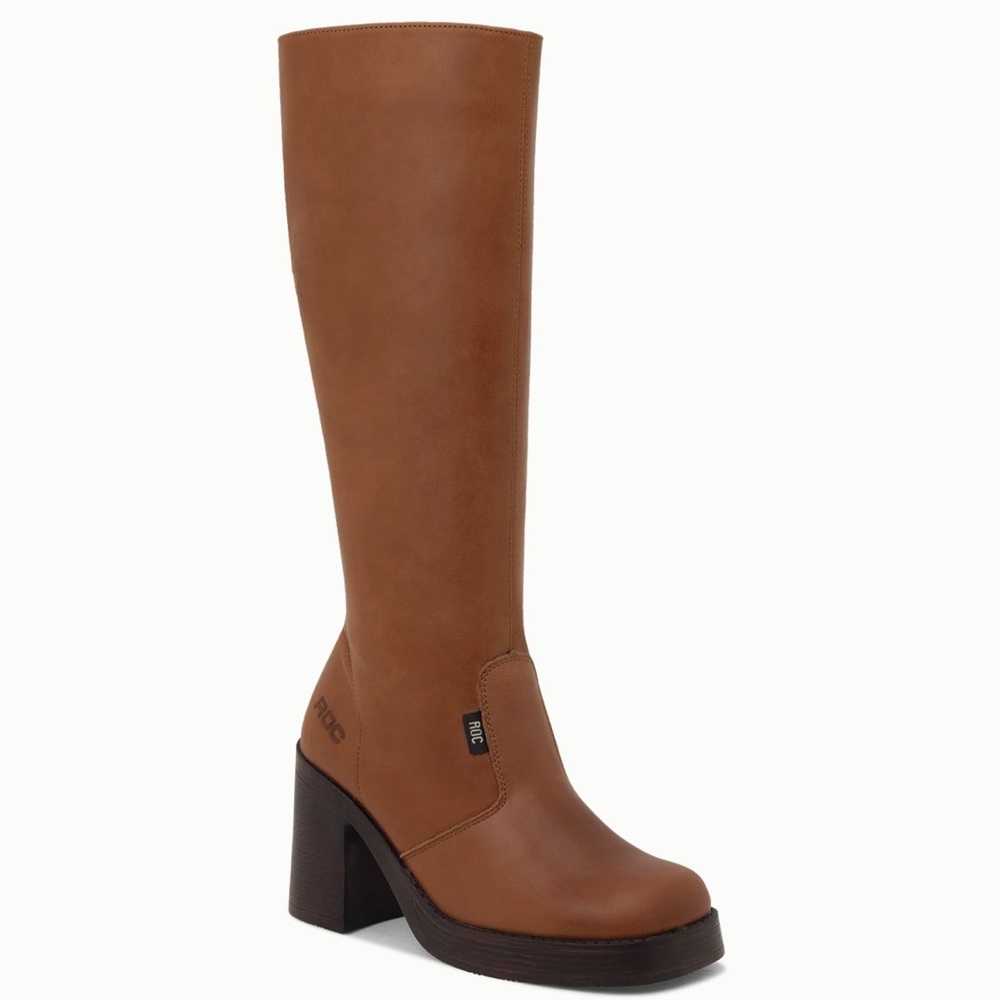 ROC Idaho Tan leather platform square toe knee high boots 37
